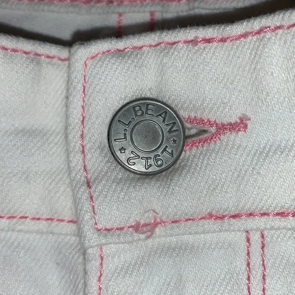 L.L. Bean White Jeans: Pink Stitching accents, Ribbon belt, Bootcut & Wider Leg - Picture 6 of 12